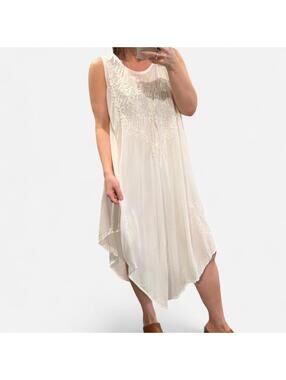 Vintage White Embroidered Boho Dress Sheer Flowy